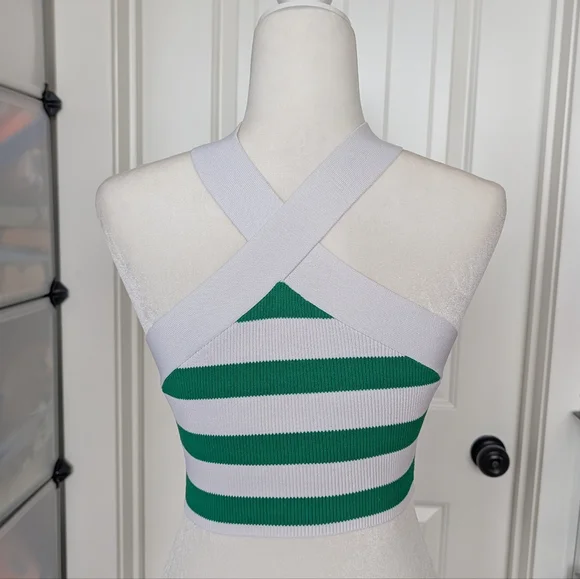 Aritzia Babaton White Gloss Green Sculpt Knit Criss Cross Cropped Tank Small - Picture 4 of 11